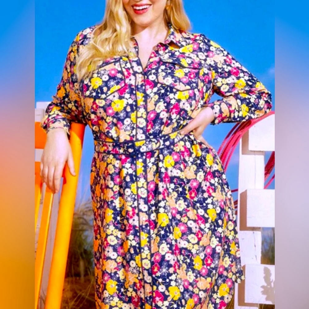 Like new MODCLOTH Country Western Floral 60s Snap Shirt midi dress groovy rare L